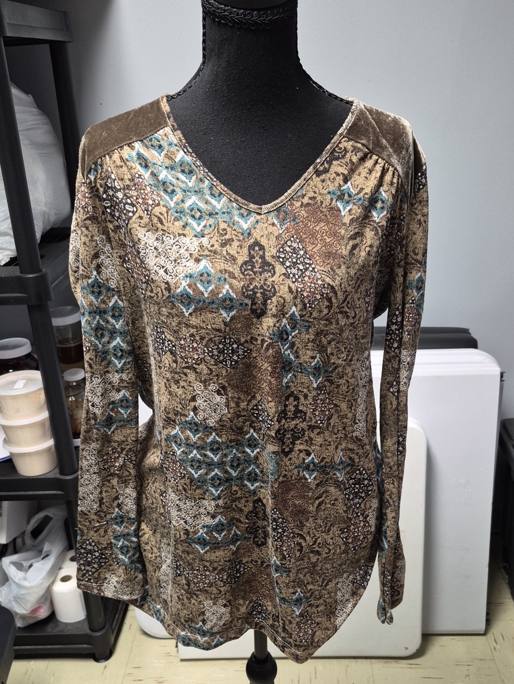 krazy kat Brown and Teal V-Neck Long Sleeve Printed Top